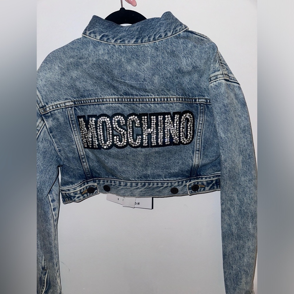 Moschino H&M Women's Light Wash Cropped Denim Jacket with Embellished Logo